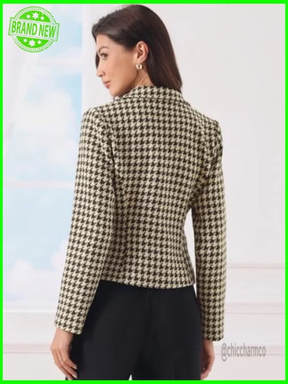 Cropped Houndstooth Blazer Notch Lapel Long Sleeve Button Down Work Jacket
